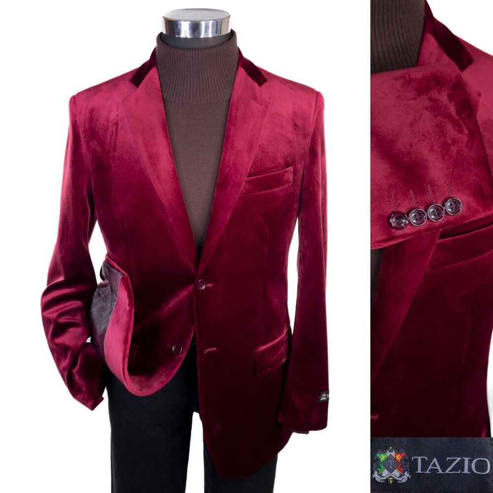 Tazio Blazer Sport Coat Solid Velvet RED Sz 38R Two Button Jacket Silk Lining